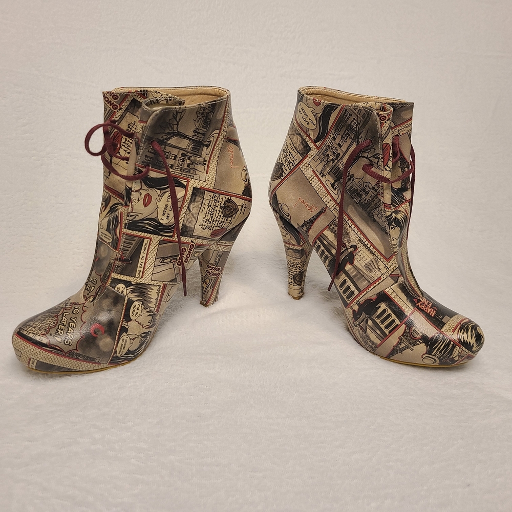 DOGO Vegan Leather Comic Print Lace-Up Ankle Boots | EU 36 | 4" Heels - Picture 4 of 9